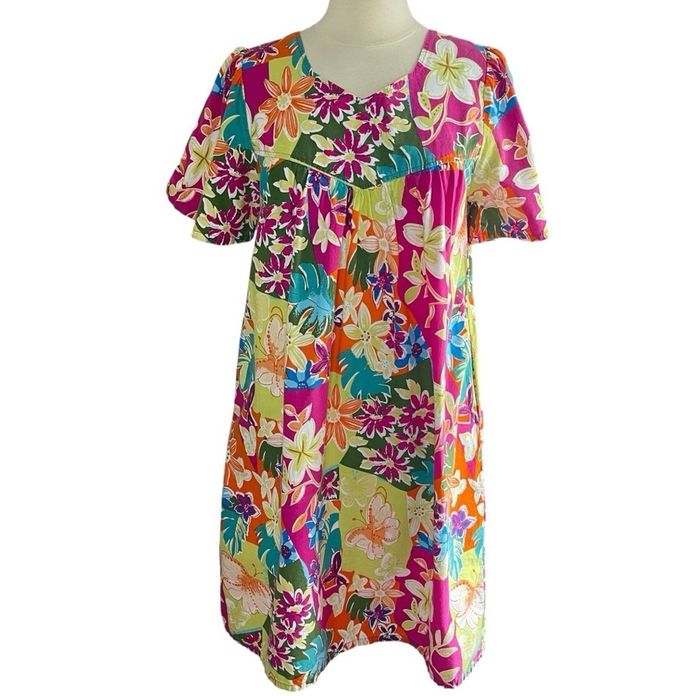 NATIONAL Tropical Floral Butterfly Print Cotton Patio House Dress, Medium